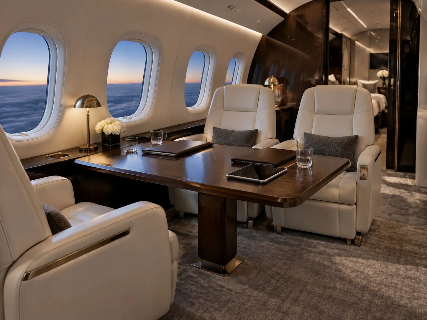 Cream leather seats around a dark wood table inside a private jet cabin at dusk