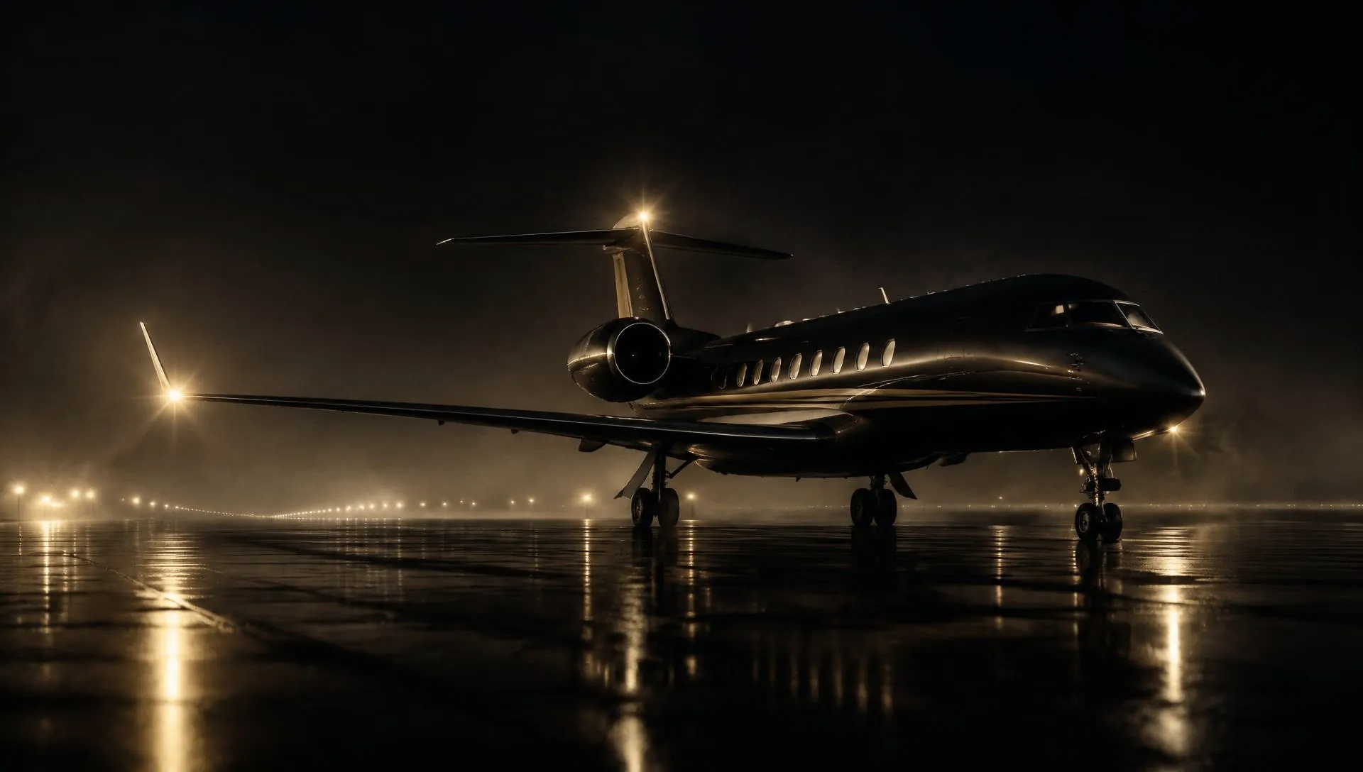 A private jet on a foggy runway at night, its beacon lights glowing warmly