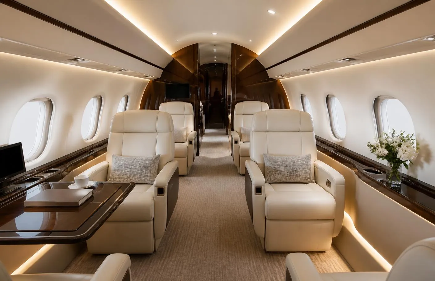 An elegant private jet cabin with cream leather seating