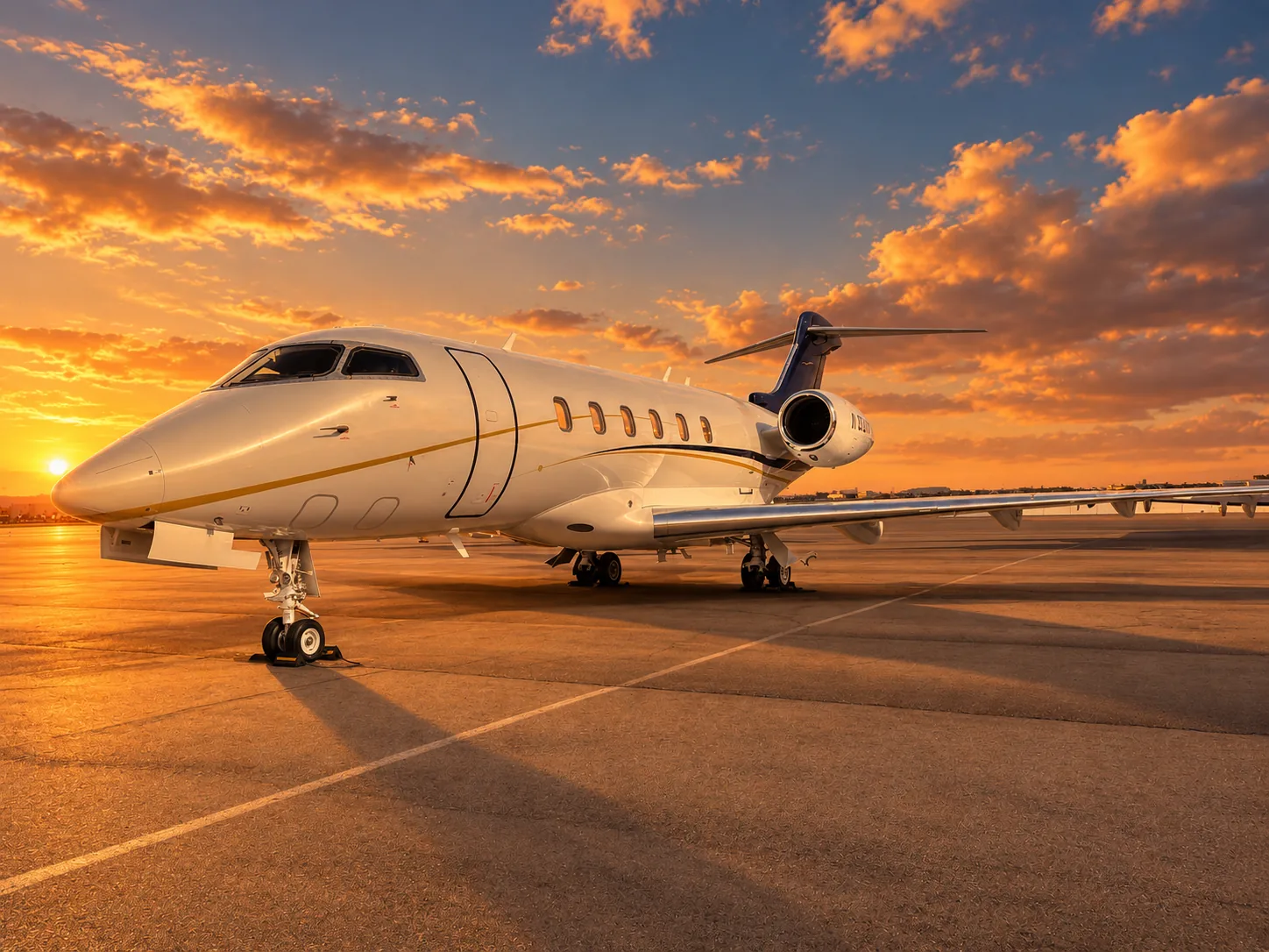 Private jet parked on the tarmac at sunset
