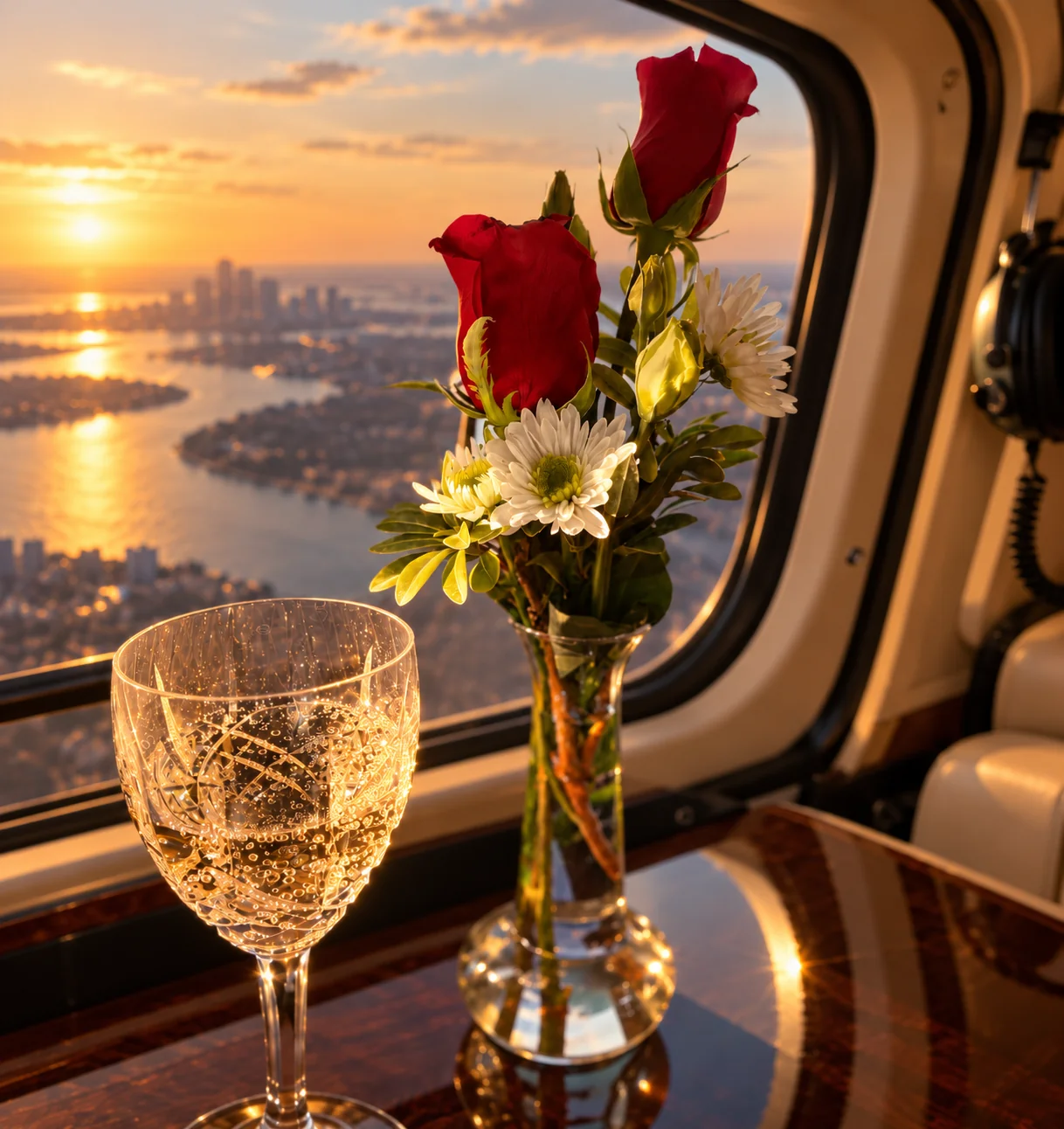 Crystal glass and fresh flowers beside a cabin window at sunset