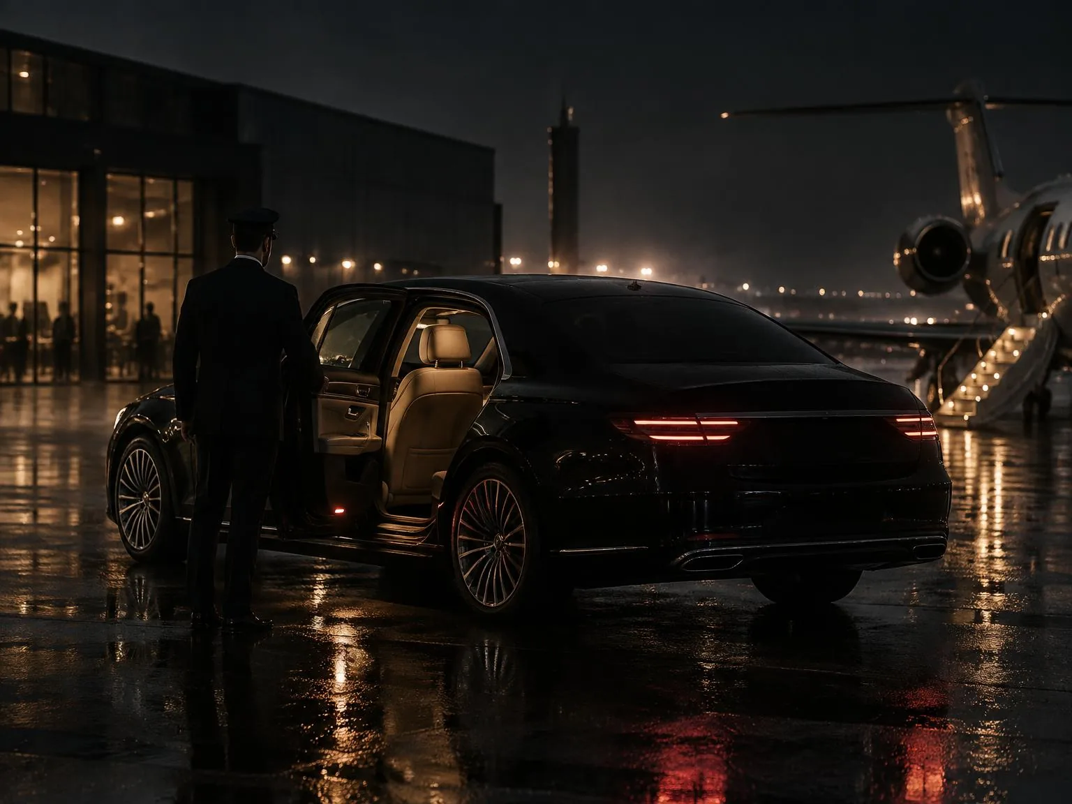 Chauffeur beside a private car and aircraft on a warmly lit airport apron