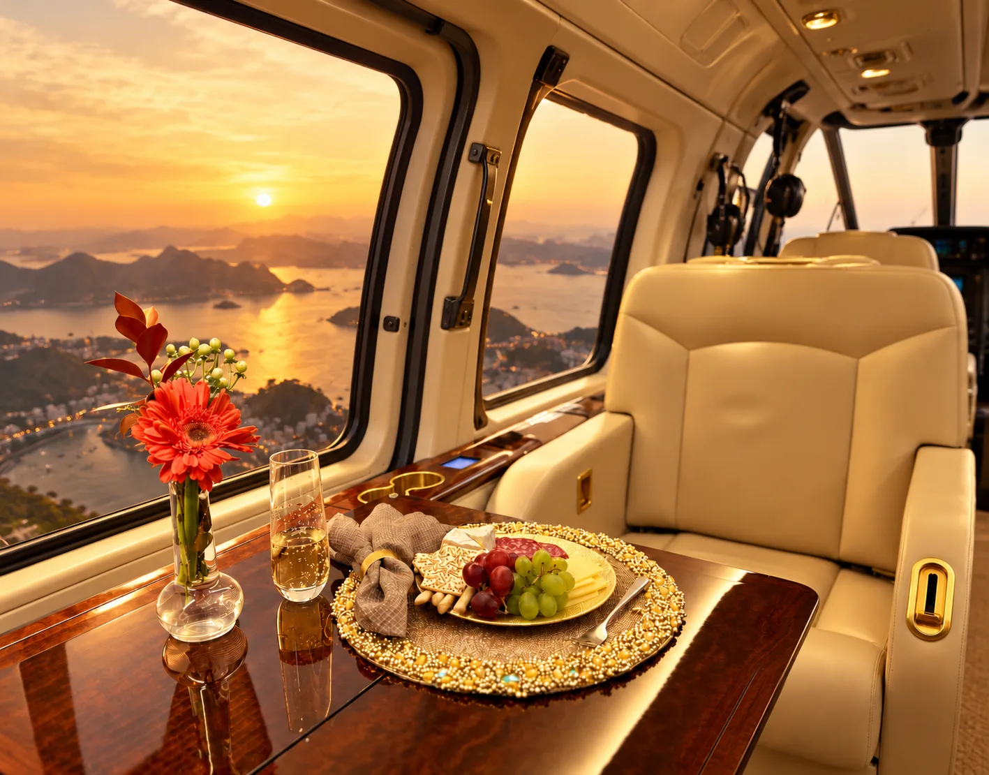 Luxury helicopter cabin with a set dining table, flowers and sparkling wine, sunset over a coastal bay beyond the windows