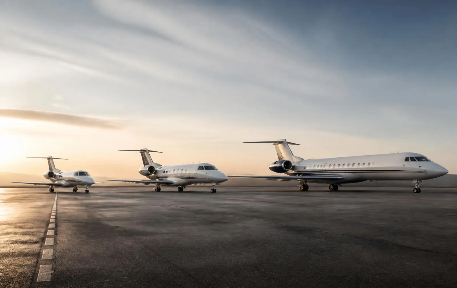 Private jets lined up on an airport ramp at sunset