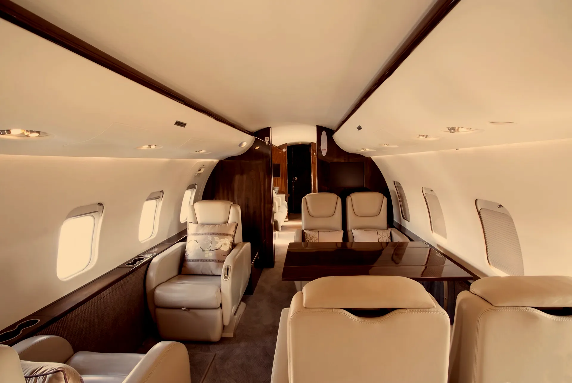 Spacious private jet cabin prepared for a group