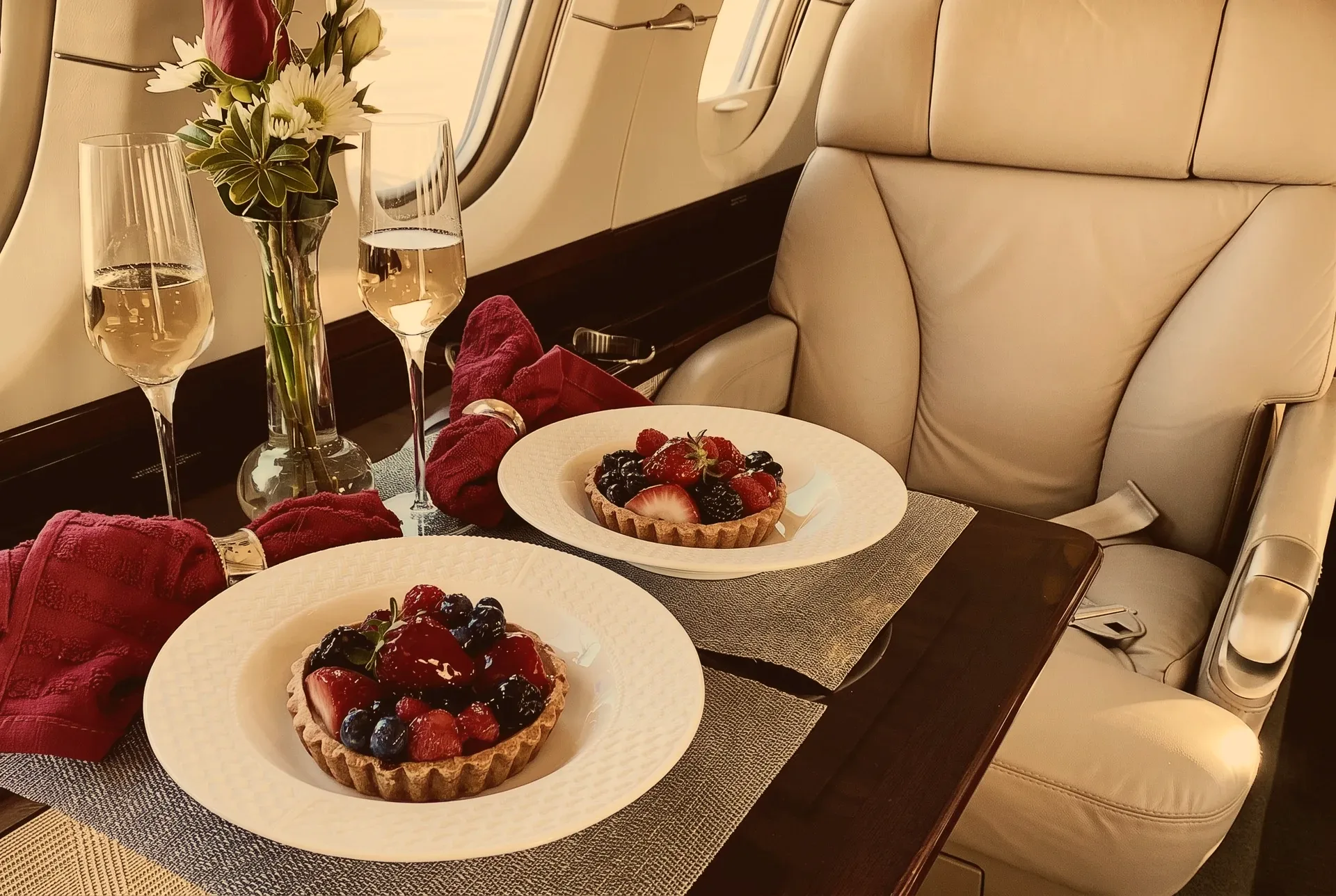 Private jet cabin table set for two with fruit tarts, champagne flutes, and red roses