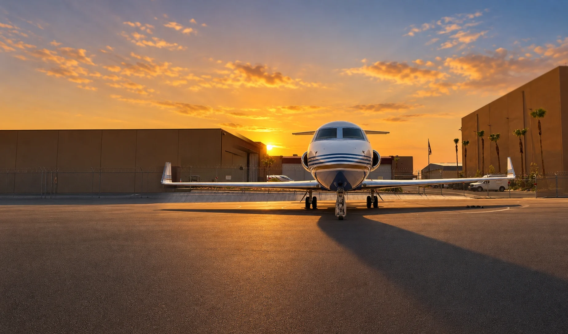 Private jet parked on the tarmac facing the camera at sunset with hangars and palm trees behind