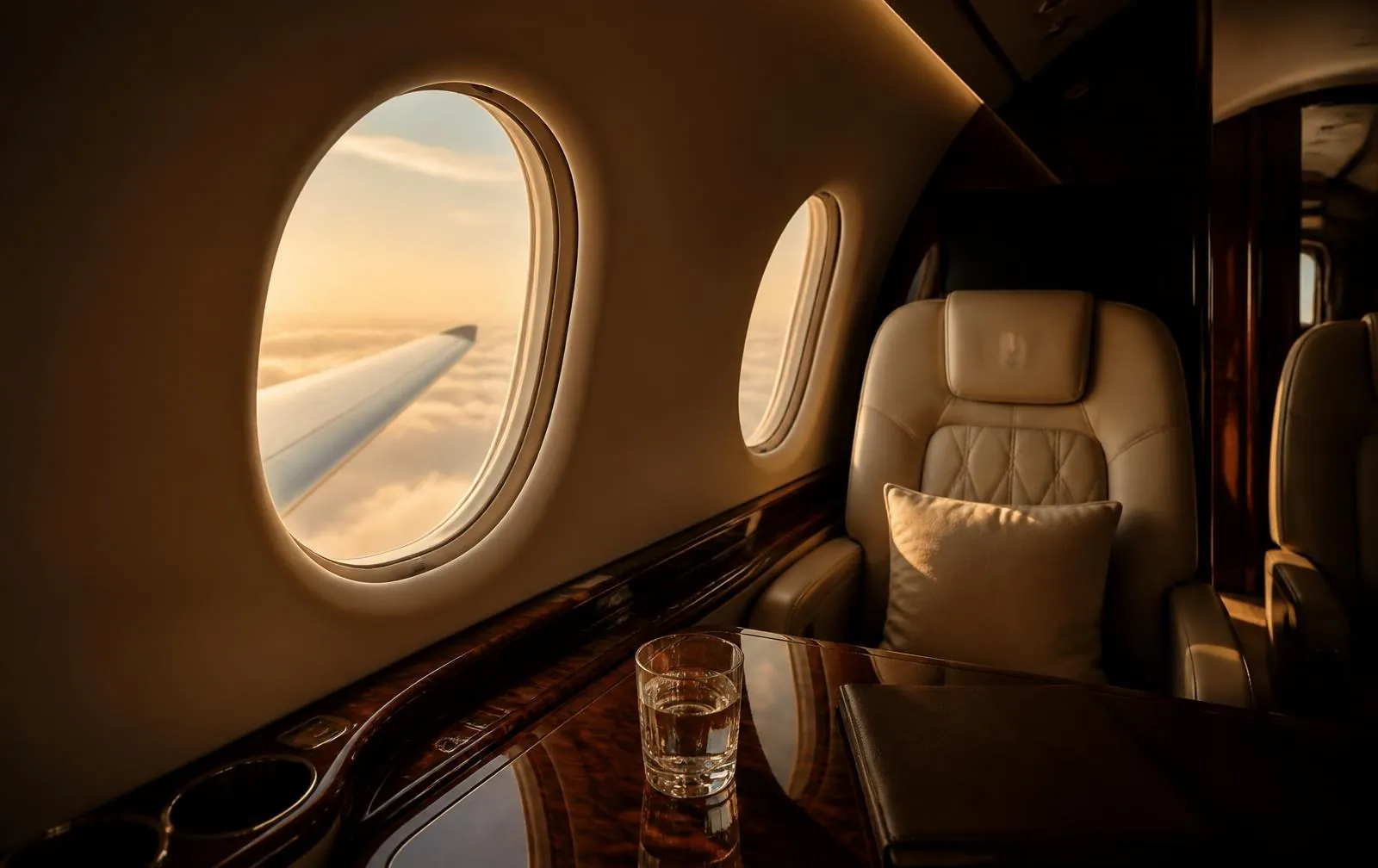 View from a private jet cabin window onto the wing above the clouds at sunset